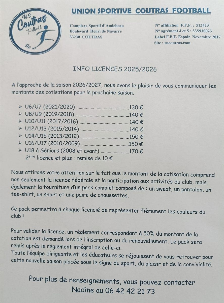 Les tarifs licences pour la saison 2026-2027