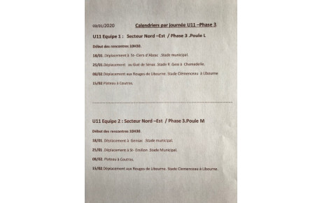 Calendriers par journée U11 Phase 3