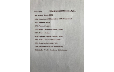 Calendrier Plateaux U6/U7 Janvier à Juin 2020