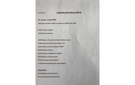 Calendrier U8/U9 janvier à Juin 2020